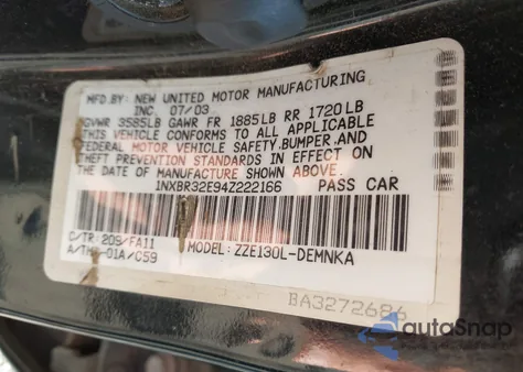 2004 Toyota Corolla Le из США, поврежденный, VIN 1NXBR32E94Z222166